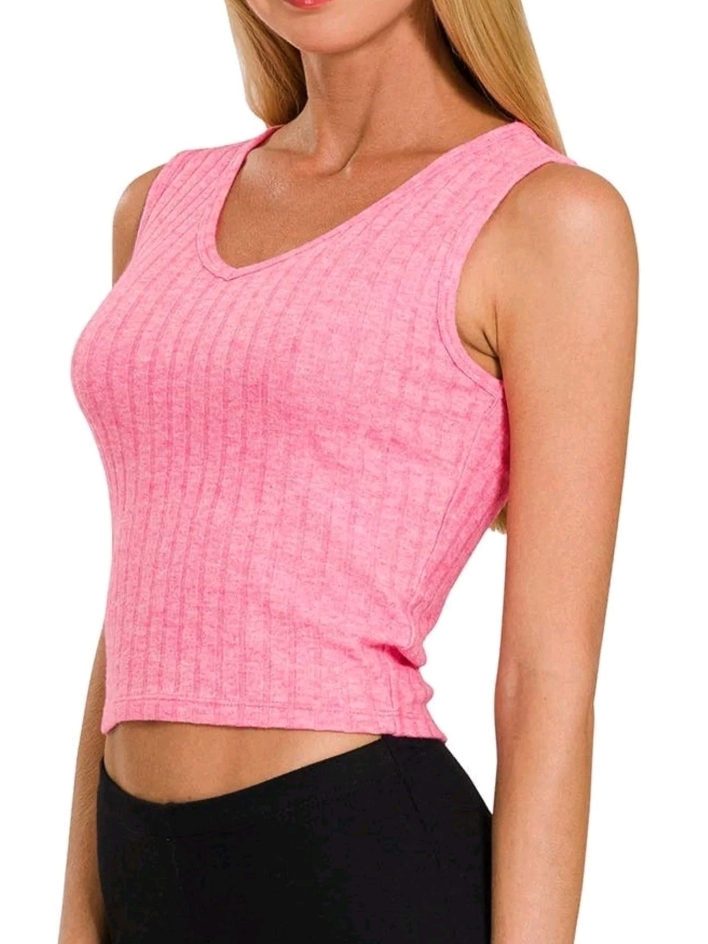 Zenana PInk Washed Ribbed Seamless V Neck Crop Tank